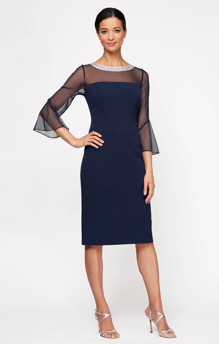 Alex Evenings Olivia Illusion Neck Bell Sleeve Crepe Sheath Dress 18